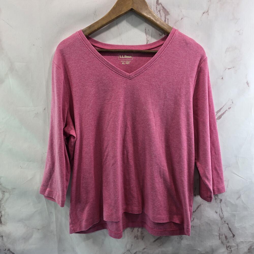 LL Bean Shirt Womens XL Petite P Pink Three Quarter Sleeve V Neck